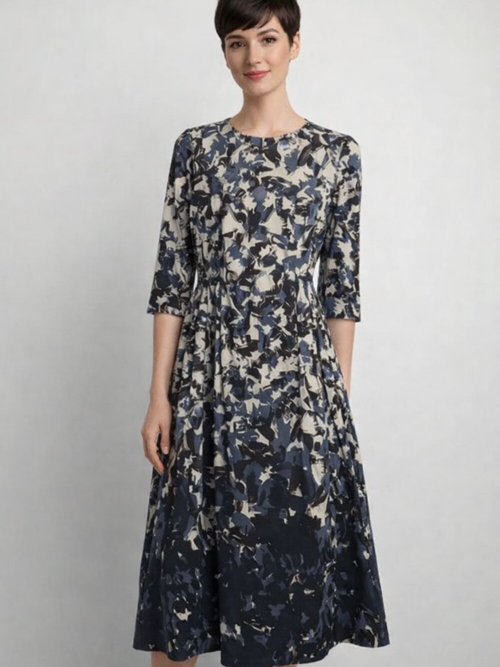 'S Max Mara Abstract Painterly Print Pleated Midi Dress Blue Cream Brown Pocket‎
